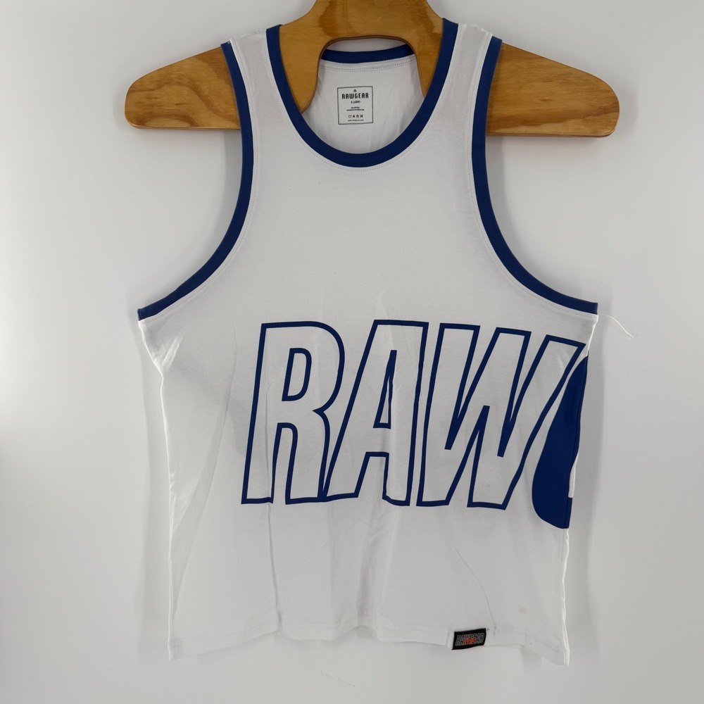 Rawgear Mens Tank Top XL White Blue Graphic Ringer Gym Bodybuilding Shirt